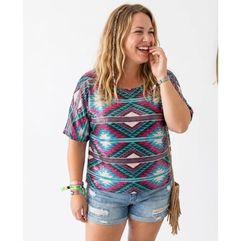 INC International Concepts size XL Pink Blue Aztec Festival Sequins Boho Blouse